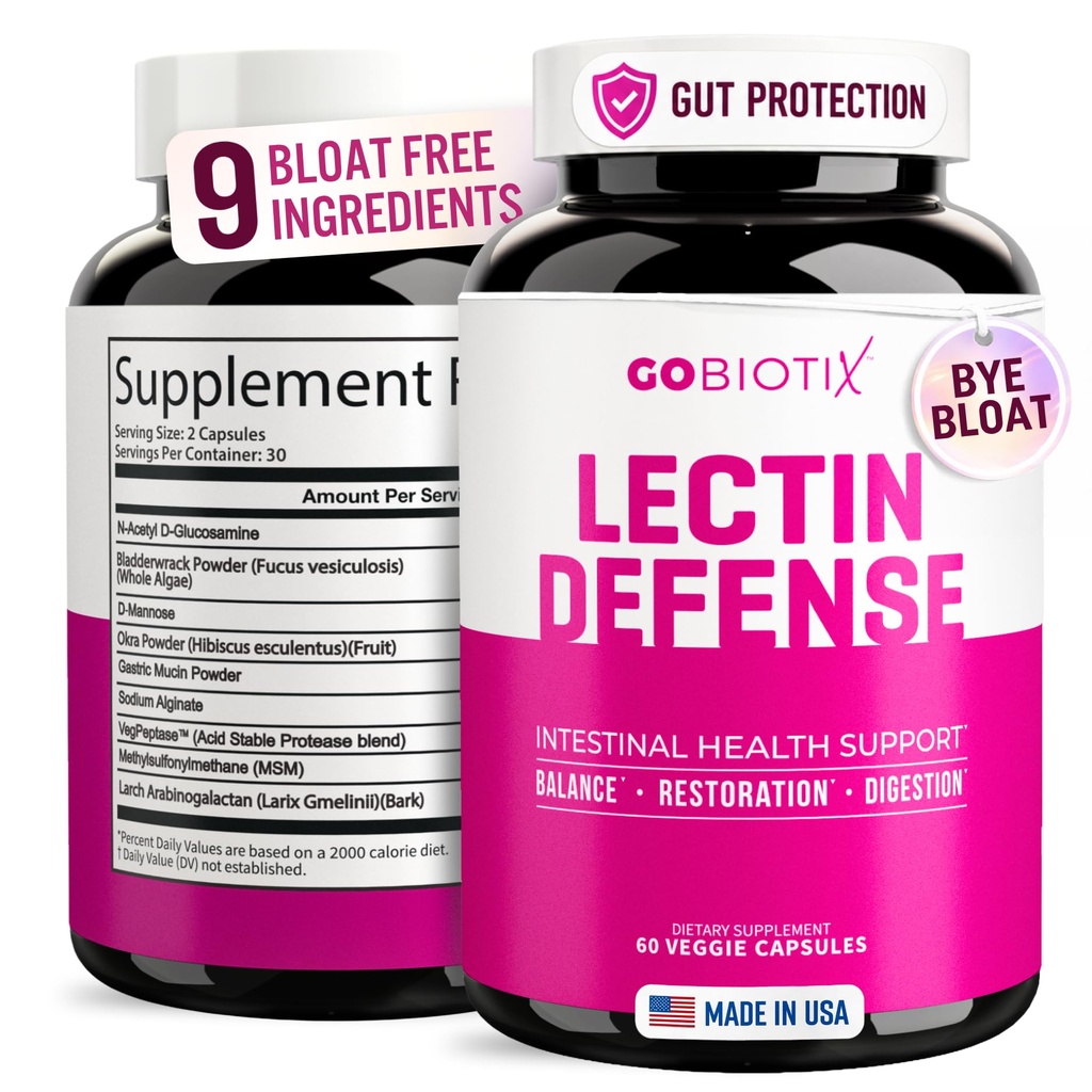 GOBIOTIX Lectin Defense - Lectin Blocker Supplement for Leaky Gut med MSM og Digestive Enzymer - Hjelpemidler i intestinal helse for kvinner og menn - Ikke-GMO + Glutenfri - 60 Kapsler (1)