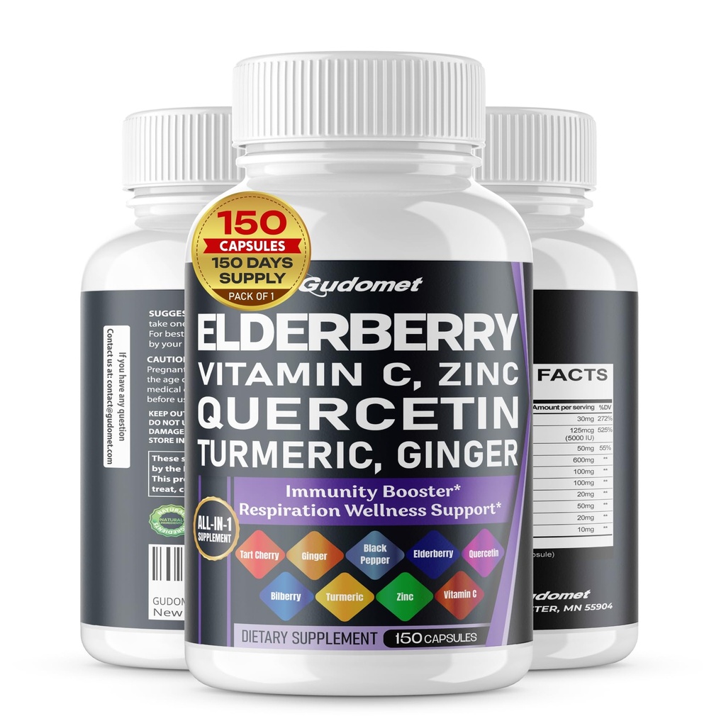 Elderberry Quercetin Bilbær Turmeric Tart Cherry Ginger Vitamin C Vitamin D3 Zink Svart Pepper - 150 kapsler-laget i USA