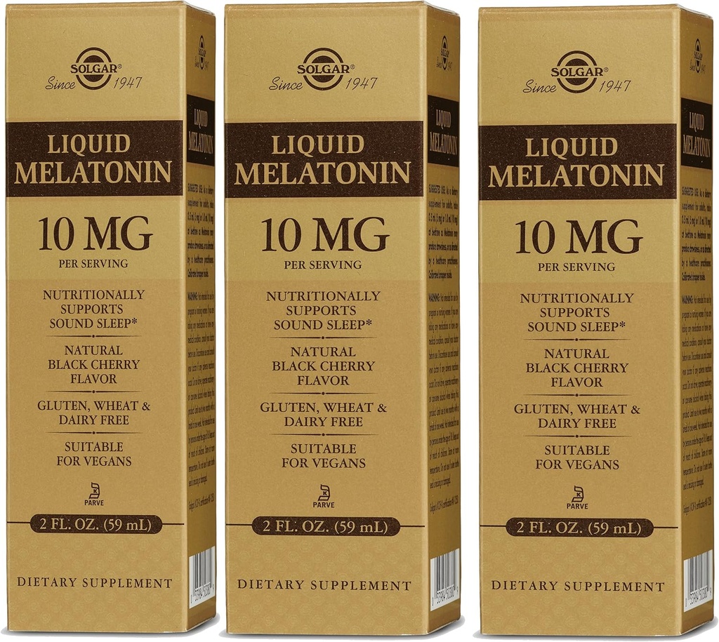 Solgar Liquid Melatonin 10 mg, Naturlig Svart Cherry Flavor - 2 fl oz, Pakke med 3 - Flott for Jet Lag - Vegan, Glutenfri - 177 Total Services