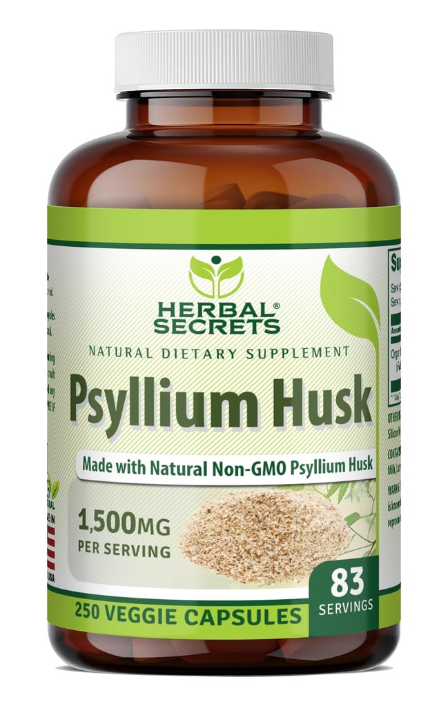 Herbal hemmeligheter Psyllium Husk Supplement | 500 Mg | 250 Veggie Kapsler | Ikke-GMO | Glutenfri | Laget i USA
