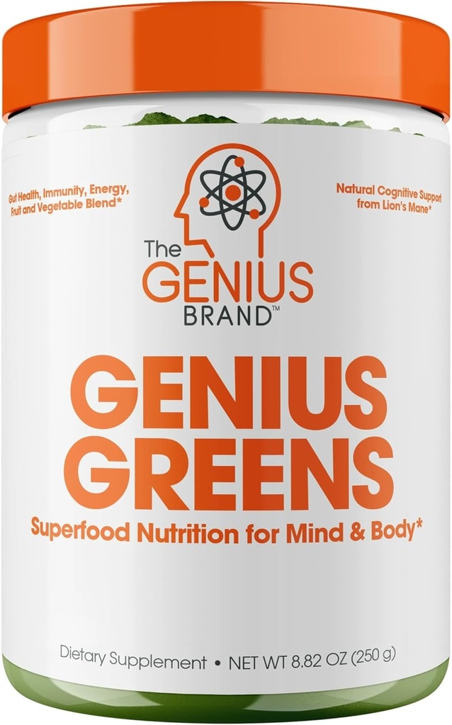 The Genius Brand Genius Greens - Grønn pulver for sunne sinn og immunitet støtte - økologiske grønnsaker, blåbær og løve mane - beleilig drikke blanding - behagelig smak - 20 serveringer