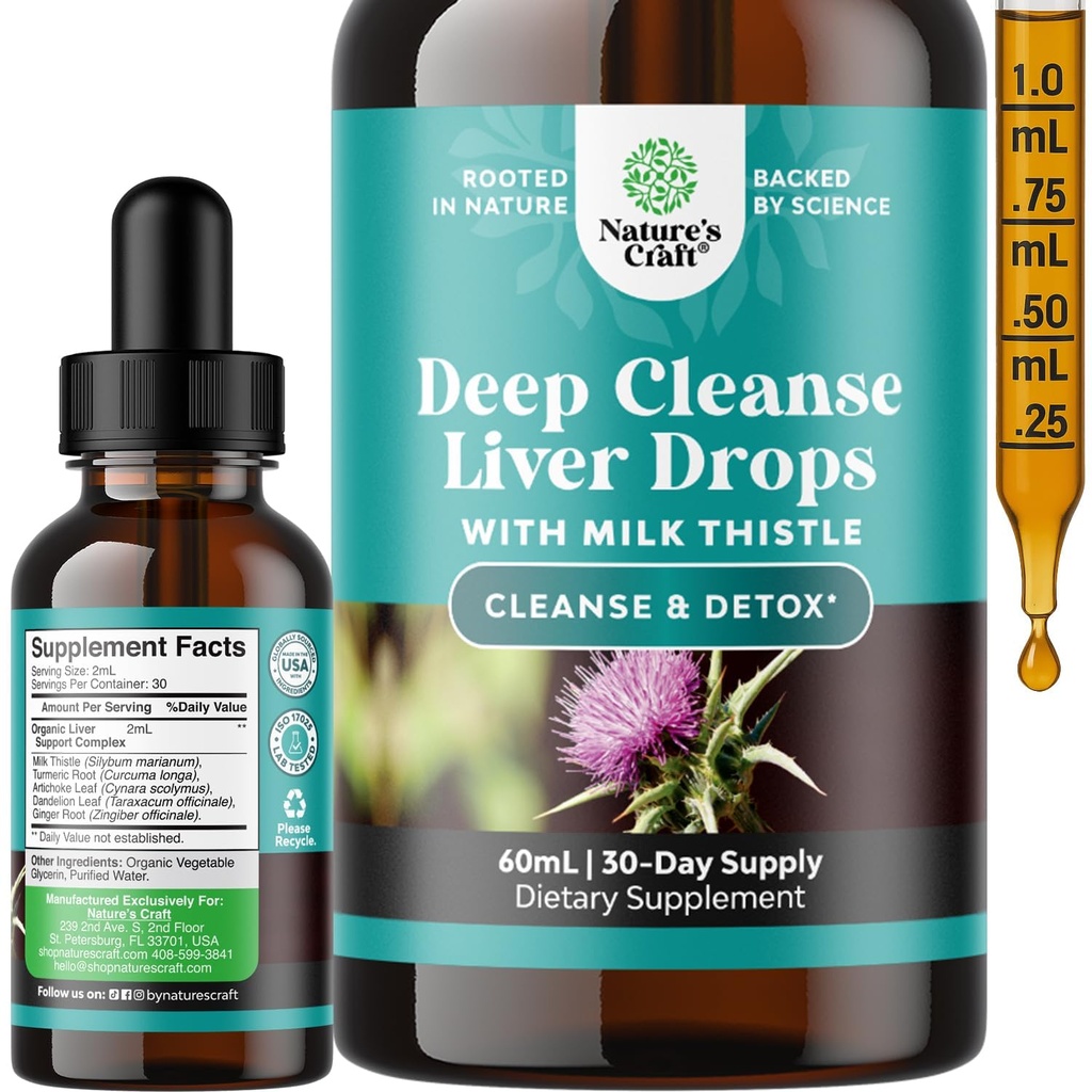 Deep Liver Cleanse, Detox & Reparasjon med Melk Thistle flytende dråper - Liver Detox flytende artichoke ekstrakt med Dandelion Leaf, Ginger & Turmeric Curcumin for immunitet og daglig rensing - 2Fl OZ