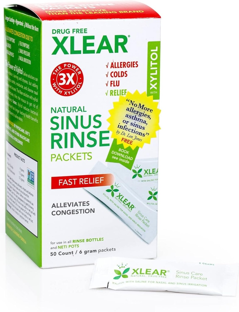 Xlear Natural Xylitol Sinus Rinse Refill, Neti Pot Saline Packets - Nese Cleaner for raskt trykk og kongestiv relief, fungerer med de fleste nasale irrigasjonssystemer, 50 teller (pakke med 1)
