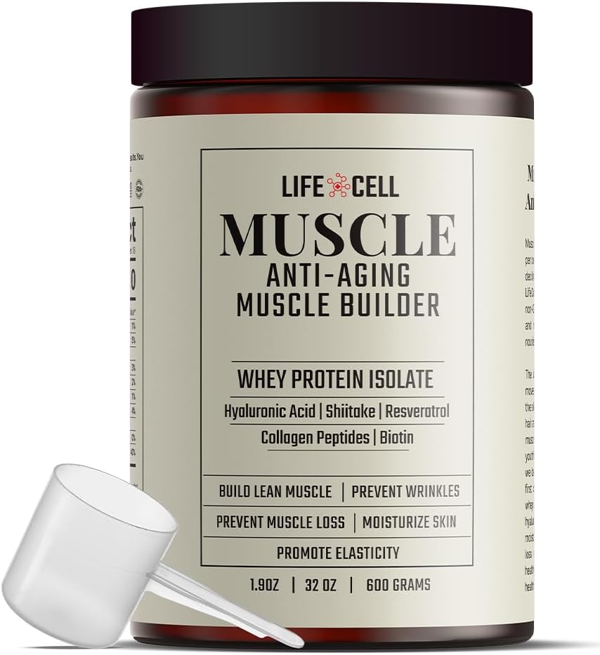 LifeCell Whey Protein – anti-aldring muskelbuilder med Shiitake moskroom, kollagen og hyaluronsyre – ikke-flavorert, ingen sukker tilsatt, soya-fri, glutenfri, 600g (18 serveringer)