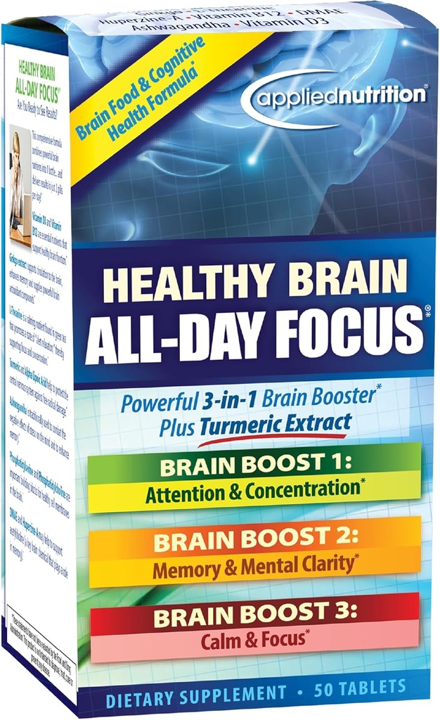 Brukt ernæring sunn hjerne hele dagen fokus - 50 tabletter - kraftig 3-i-1 brain Booster med gurkemeieekstrakt - 25 serveringer