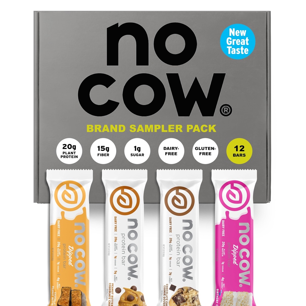 Ingen Cow Vegansk Protein Bars, oppgradert merkeprøvepakke | 20g Plant Basert Protein, Glutenfri, Dairy Free, Soya Gratis, Keto Vennlig, Lav Sukker, Høy Fiber Snack Bars | Pakke med 12