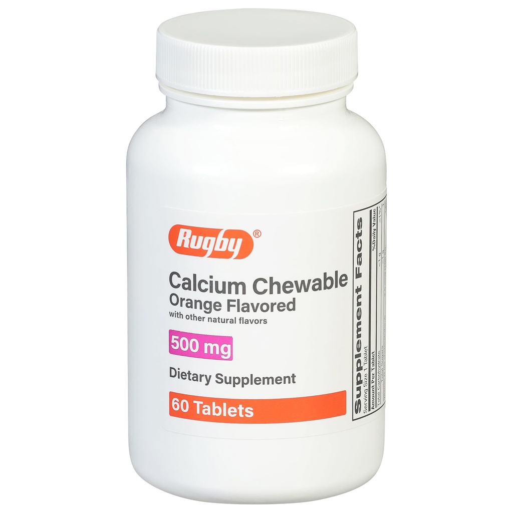 Rugby 500mg Kalsium Chewable tabletter - Diett Supplement - Orange Flavored - 60 Count (1 Pack)