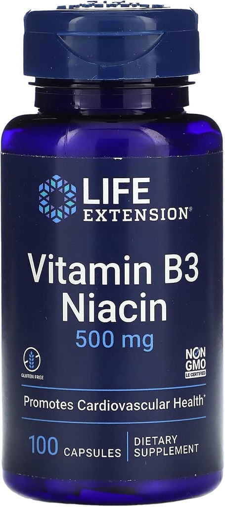 Livsforlengelse Vitamin B3 Niacin, 500 Milligram, 100 kapsler