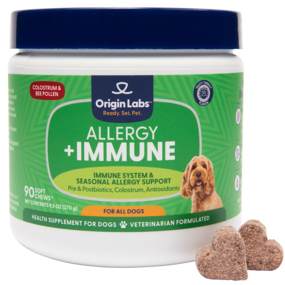 Opprinnelse Labs Allergi og immunstøtte Supplement, Omega 3 Fiskeolje, Bee Pollen, Colostrum, Probiotika, Prebiotika for Gut Helse, Hud og Coat Helse, Antioksidanter, Tyrkia Flavor, 90 Myke Chews