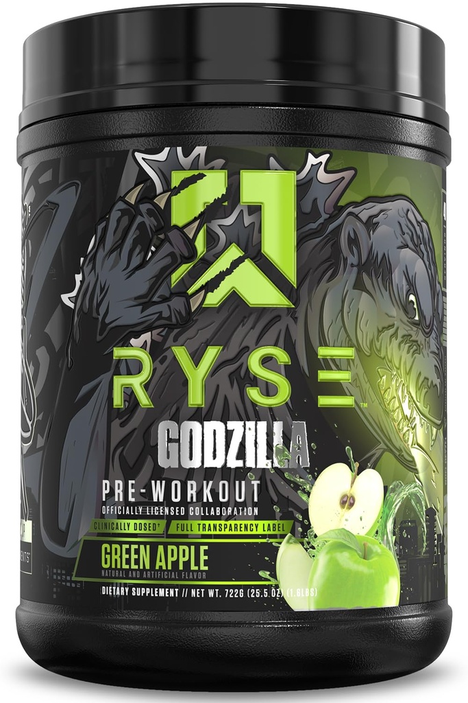 RYSE Godzilla X Noel Deyzel Pre Workout pulver - Grønn Apple - 400 mg Koffein, høy stimul Pre-Workout for menn og kvinner med Citrulline & Beta Alanine - Energi, pumpe og fokus - 20/40 Serveringer