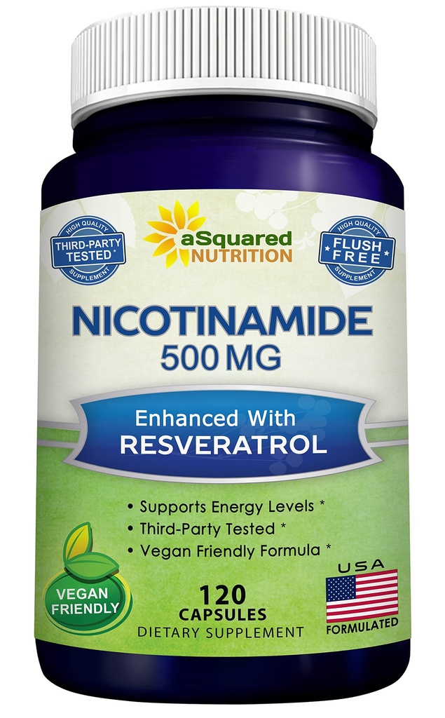 aSquared Ernæring Nikotinamid med Resveratrol - 120 Veggie kapsler - Vitamin B3 500mg (Niacinamid Flush Free) - Supplement piller for å støtte NAD, Hudcelle helse og energi