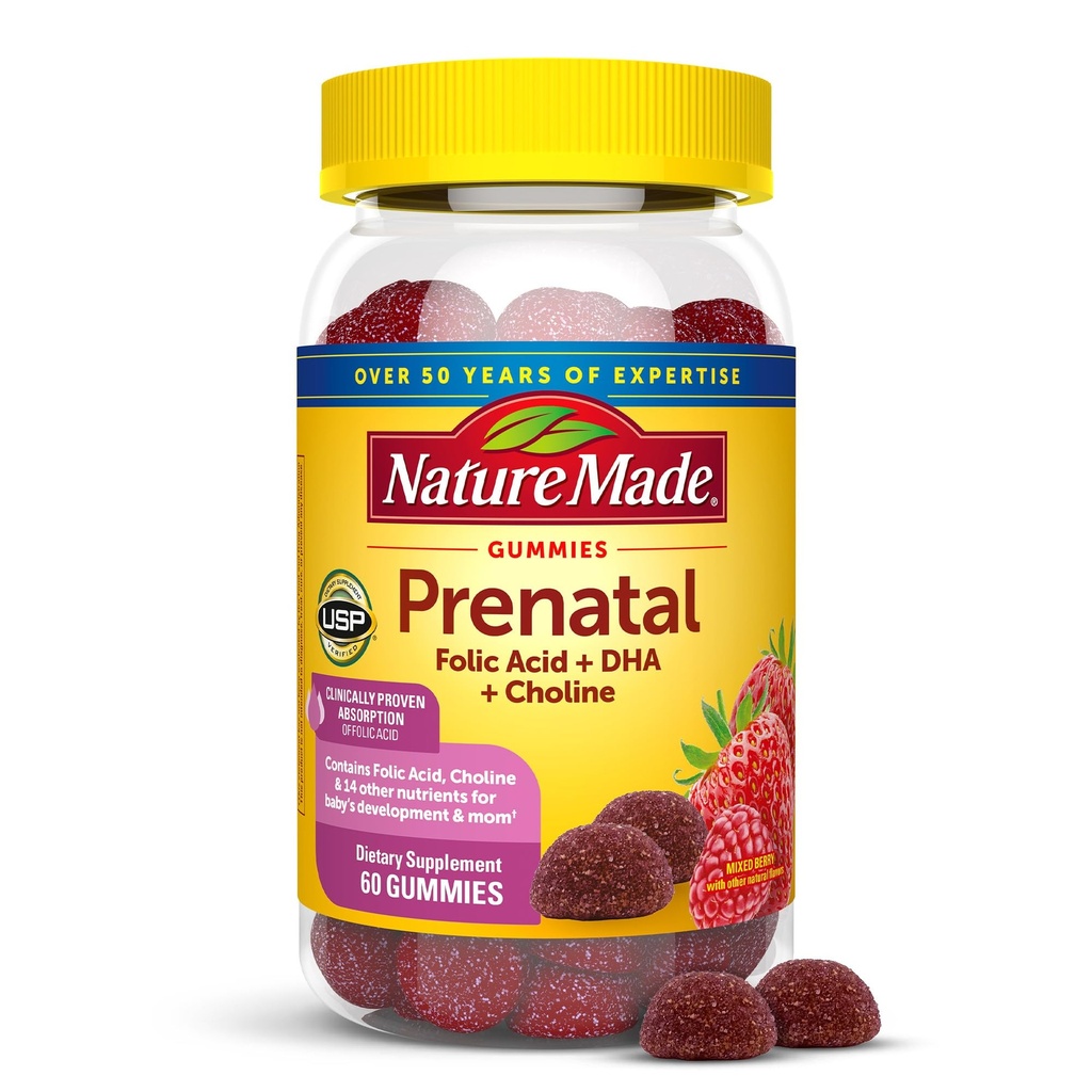 Naturen laget prenatal gummier med DHA og folsyre, prenatal vitamin og mineral kosttilskudd for daglig ernæringsmessig støtte, 60 gummier, 30 dagers forsyning