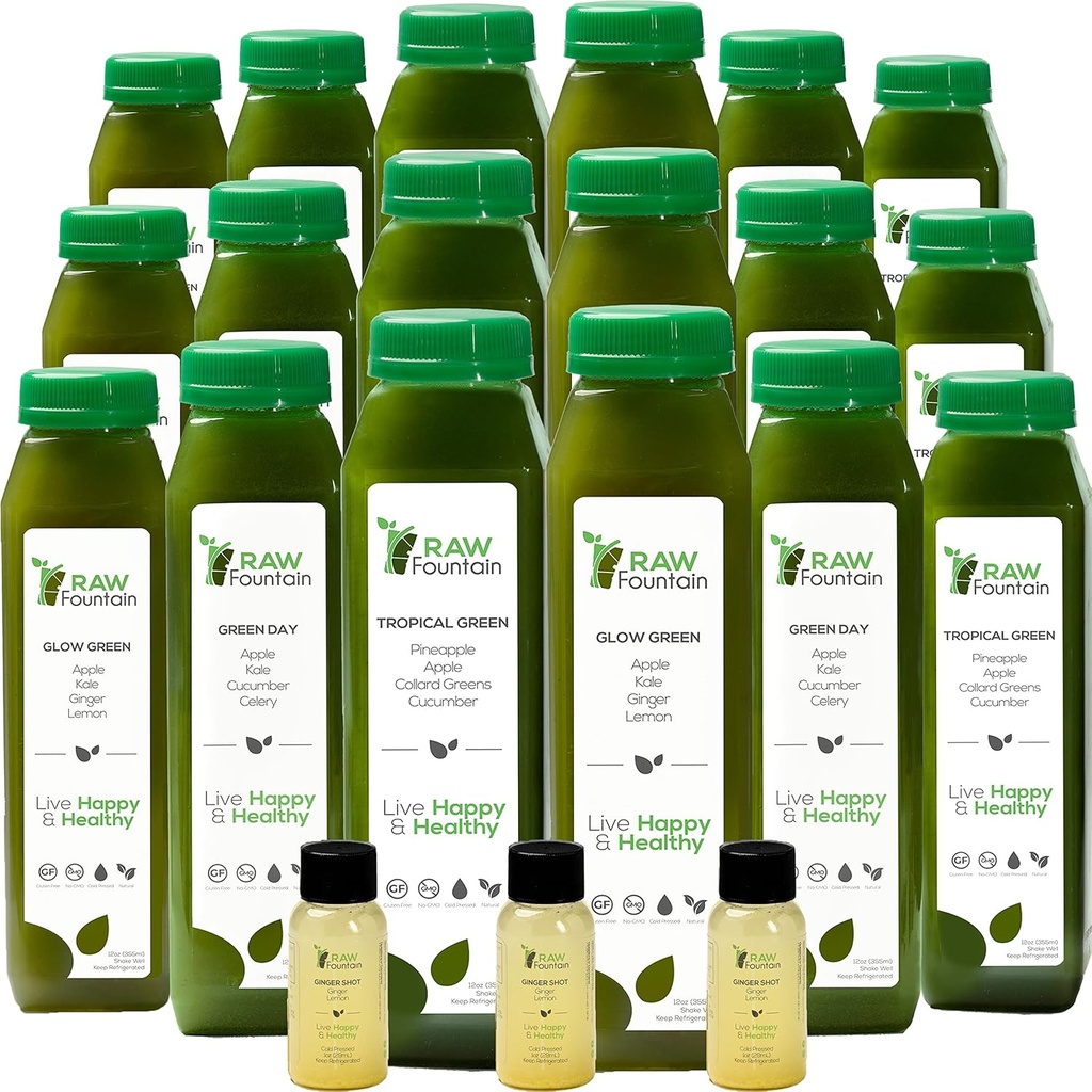 5 dagers grønn juice renser av rå fontenen, alle naturlige rå, vegansk detox, kalde presset juice, 30 flasker 12oz, 3 Ginger Shots