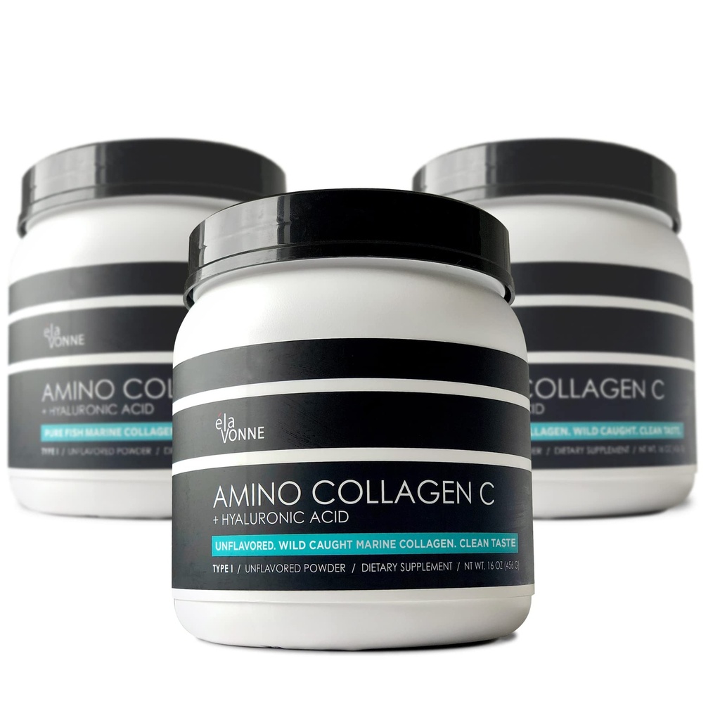 (3-pakke) Amino collagen C - kollagenpulver (180 Scoops) - Marine Collagen Peptides + Hyaluronsyre. Ingen sukker. Ingen Odor. Ikke GMO. USA. For hår, hud, negler, ledd, og Gut helse.