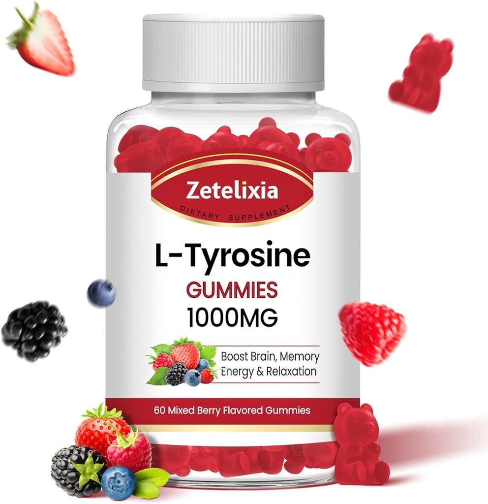 L Tyrosin Gummies 1000mg, L-Theanin Supplement Gummy 200mg,Sugar Gratis L-Tyrosin med vitamin B6 energi kosttilskudd for voksne og barn - Vegan(60 greve)