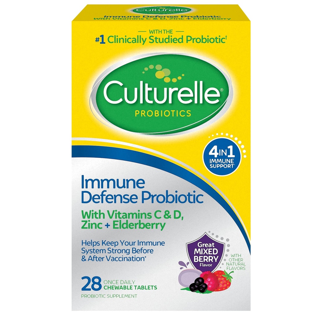 Culturelle Immune Defense Daily Probiotic for kvinner og menn - 28 greve, blandet Berry Chewables med 4-i-1 immunstøtte. Probiotiske vitamin C, vitamin D og sink Plus Elderberry