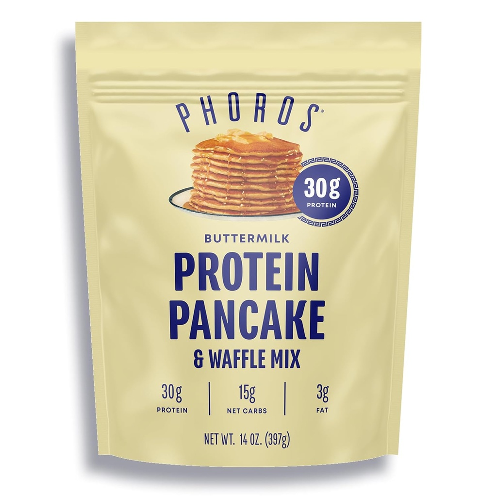 Protein Pancake Mix & Protein Waffle Mix by Phoros Nutrition, 30g protein, lav karbohydrat, høy protein, keto-vennlig, Whey Protein, hele korn havre, hele hvete pannekaker, Bare tilsett vann (Buttermilk)
