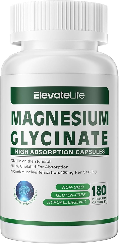 Magnesium Glycinat 400 MG per servering 100% Chelated for høy absorpsjon, Gentle på magen, ikke-GMO, 180 vegetariske kapsler