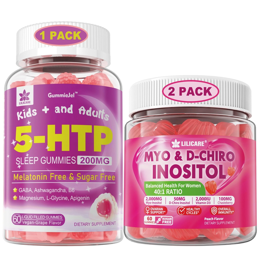 LILICARE Bundle: 5HTP Gummies med Magnesium Glycinate - Melatonin Free Sleep Gummies for voksne og barn 8+ & Inositol Gummies Ideell 40:1 Ratio Myo & D-Chiro Inositol Supplement
