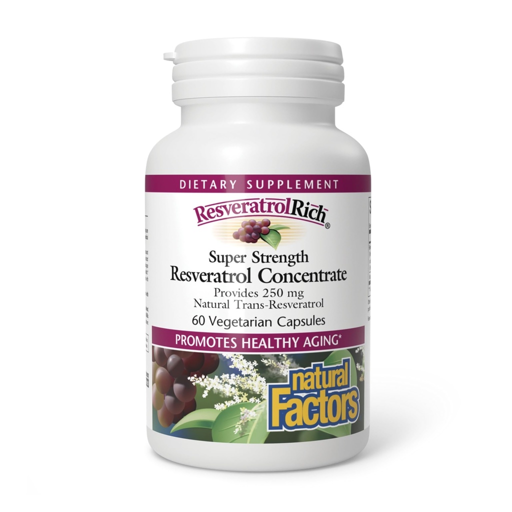 ResveratrolRich av naturlige faktorer, Super styrke Resveratrol konsentrat, fremmer sunn aldring, 60 kapsler (60 porsjoner)