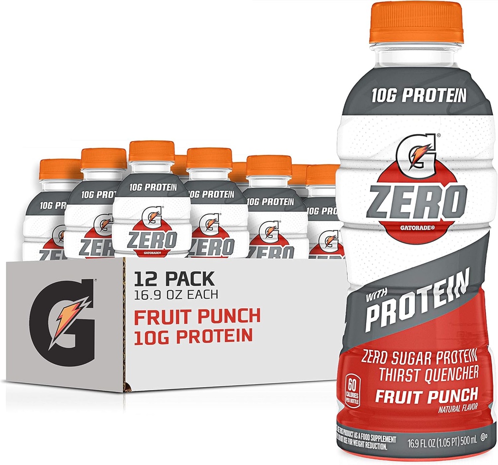 Gatorade Zero Med Protein, 10g Whey Protein Isolate, Null Sukker, Elektrolytter, Frukt Punch, 16,9 Fl Oz, 12 Pack
