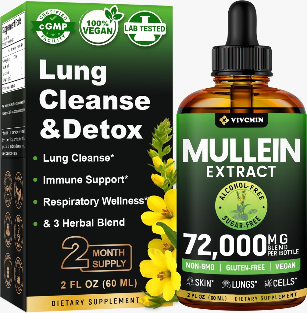 Mullein Drops for Lungs, 3-i-1 Mullein Leaf Ekstrakt for Lungs Helse, Herbal Respiratorisk Lung Helse Støtte Supplement, Støtte Immun & Digestive Wellness, Sukker & Alkohol-fri - 2 FL OZ