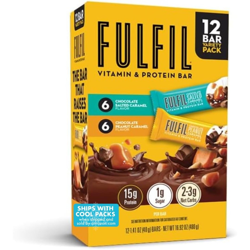 FULFIL Protein Snack Bars, 6 sjokolade peanut og karamel og 6 sjokolade saltet karamell, 15g protein, Pantry stifter, 12 greve