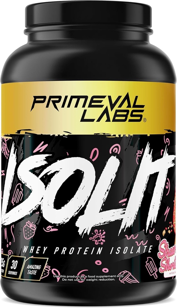 Primeval Labs ISOLIT - Whey Protein Powder, 100% Whey Isolate, 25g protein, BCAA, rask absorbering, enkel diading (Strawberry Shortcake, 2lb)