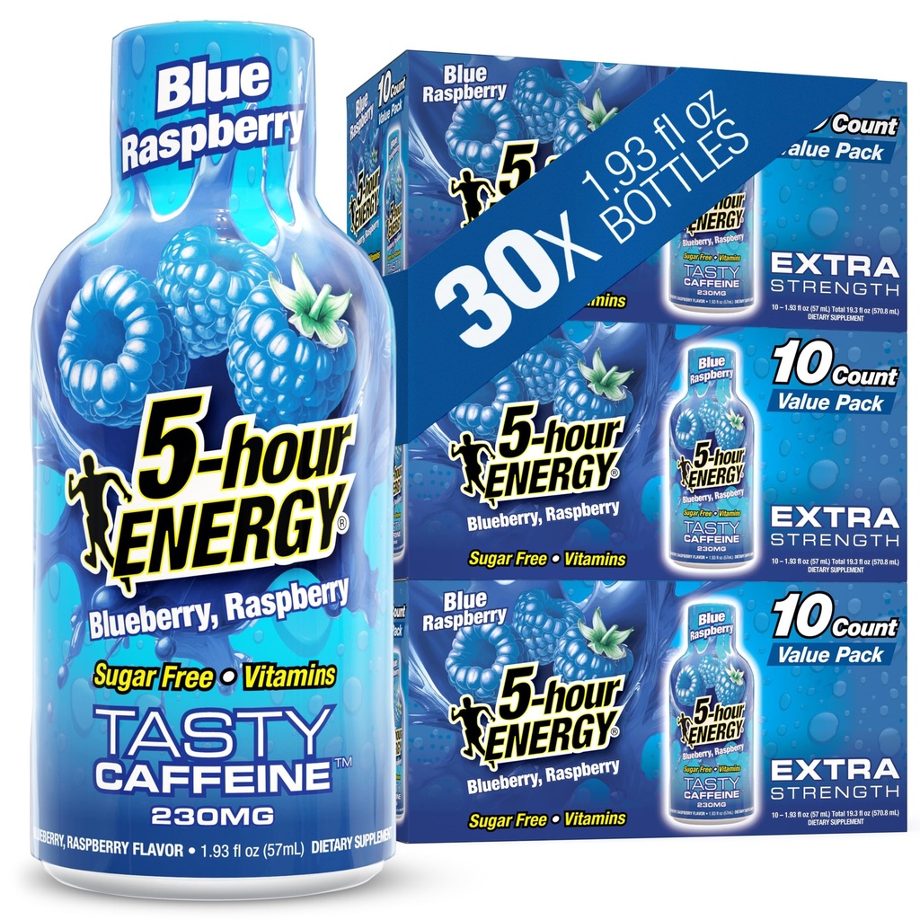 5-timers ENERGY Shots Extra styrke, Blå Bringebær Flavor, 30 greve, 1,93 fl Oz, sukker gratis, null kalorier, Aminosyrer og essensielle B-vitaminer, kosttilskudd, føle varsling og energiisert, 230 mg koffein