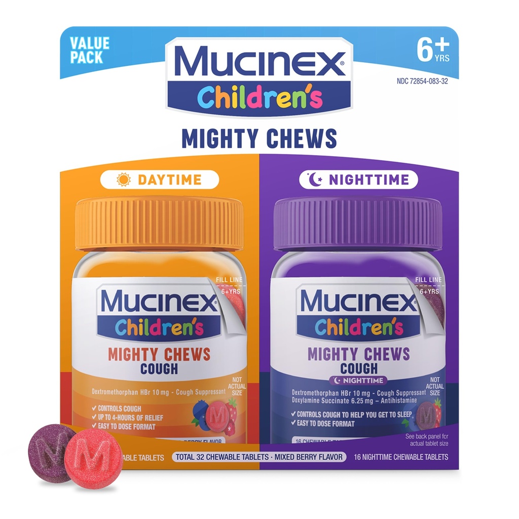 Mucinex Barns Mighty Chews Kids Cough Medicine Dagtid og nattetid verdi pakke, lett å dosere Cough Suppressant for barn med Dextromethorphan, blandet Berry Flavor, 32 Medisinert Chewable tabletter