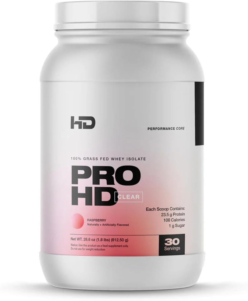 HD MUSCLE ProHD Clear Whey Protein Powder ® 100% Grass Fed Whey Isolate ® 23,5g Protein ® Lavt sukker, Glutenfri, lett å Digest ® 30 Serveringer (Raspberry)