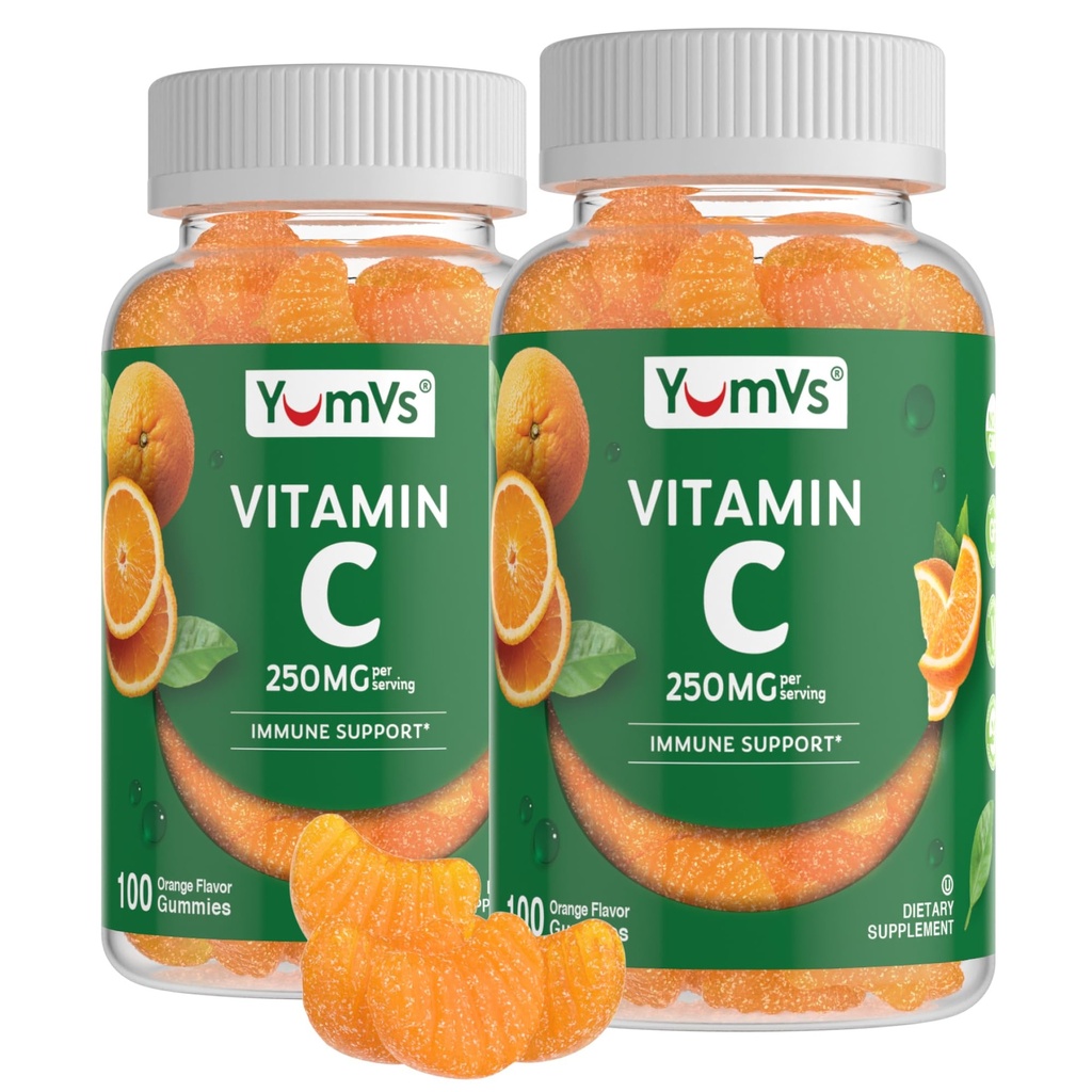 YumVs Vitamin C Gummies for voksne - 250 mg Orange Flavored Vitamin C Gummy - Vitamin C Chewable Immune Gummies for voksne - Immunstøtte Supplement - Kosher, Halal, Glutenfri (200 greve), 2 Pack