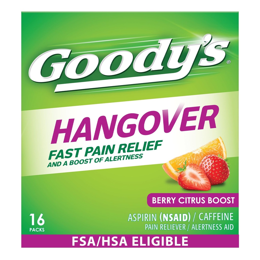 Goody's Hangover Relief pulver, Dual Action Rask hodepine smertelindring med aspirin og koffein, Berry Citrus Flavor, 16 greve