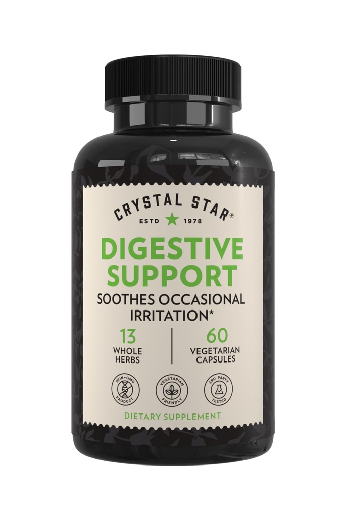 Crystal Star Digestive Support Supplement (60 Capsules) - Herbal Gut Health Supplement som hjelper med anlednings Gas & Bloating - Peppermynte, Aloe Vera, Slippery Elm & Ginger - Ikke-GMO