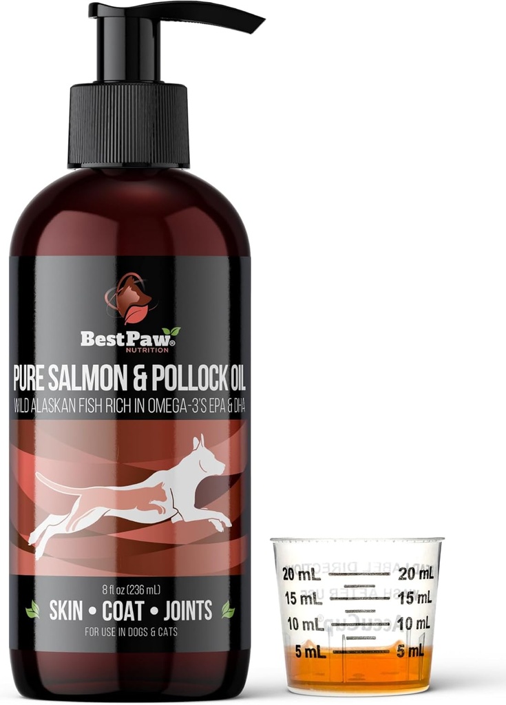 Pure Wild Alaskan Salmon & Pollock Olje for hunder og katter Hud og Coat - Fiskeolje væske med pumpe - støtter felles funksjon og hjerte helse - Omega 3 flytende mattilskudd - alt naturlig EPA + DHA - 8oz