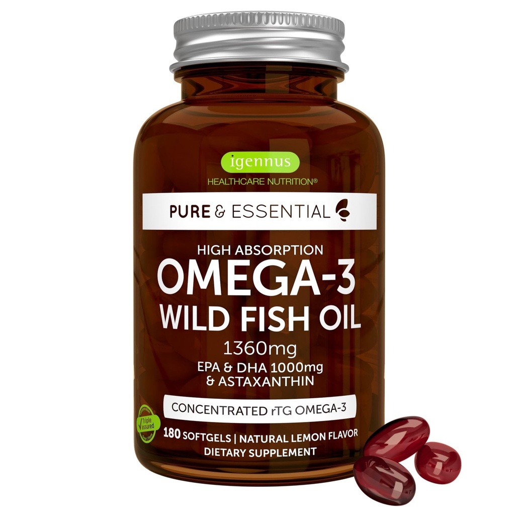 Igenus Ultra ren Omega 3 triglycerid rTG Wild Fish Oil 1360mg, IFOS sertifisert, EPA DHA 1000mg Plus Astaxanthin, Ikke-GMO, for menn og kvinner, 180 Softgels