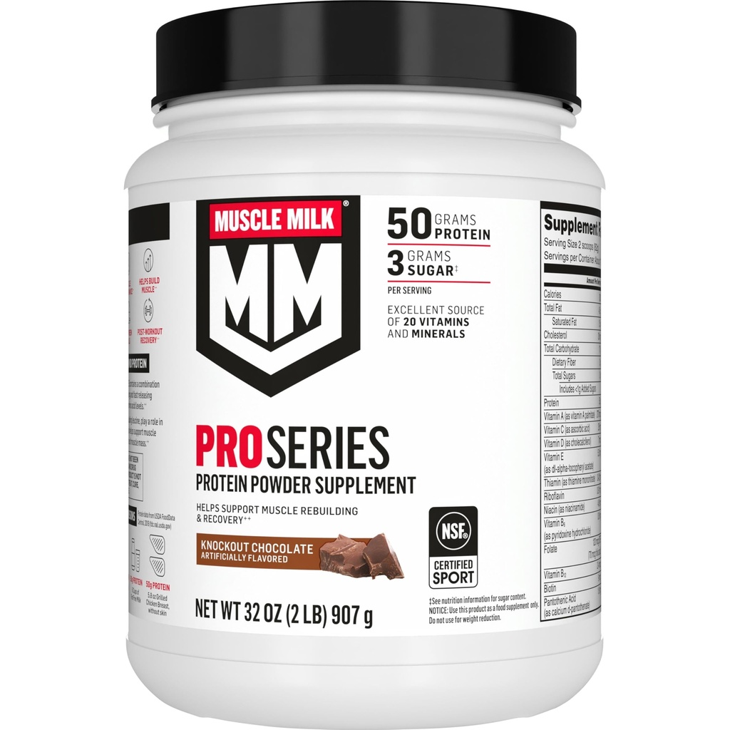 Muskelmelk Pro Series Protein pulver Supplement, Knockout sjokolade, 2 pund,11 serveringer, 50g protein, 3g sukker, 20 vitaminer og mineraler, NSF sertifisert for sport, Workout Recovery, Pakning May Vary
