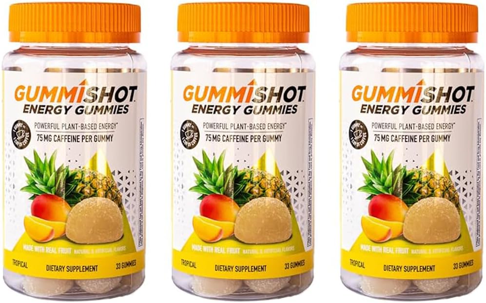 GummiShot Energy Gummies, 2475 mg plantebasert koffein Chews per flaske, lang varig energi Boosters, Tropical 33 Count (Pack of 3)