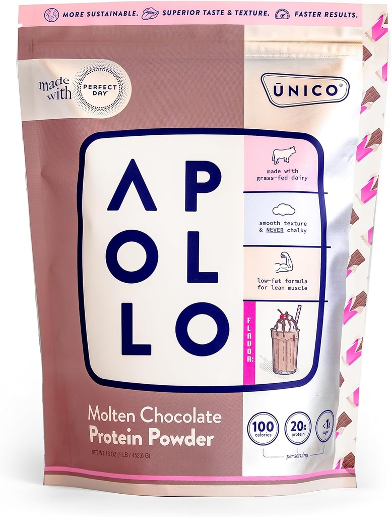 Unico Apollo smeltet sjokoladeprotein pulver - 20 g 100% Grass-Fed Whey Protein, Egg Albumen og Casein | Ikke-Bloating | Lavkarber og lavfat | 16 serveringer | Ikke-Khalky tekstur | Best-Taste