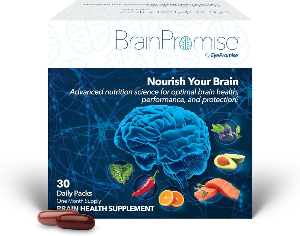 EyePromise BrainPromise Brain Supplement - 30 Softgel Packets, 30-dagers Supply - Omfattende vitenskap-støttet formel med lutein og Zeaxanthin å støtte hukommelse, fokus og generell hjerne helse