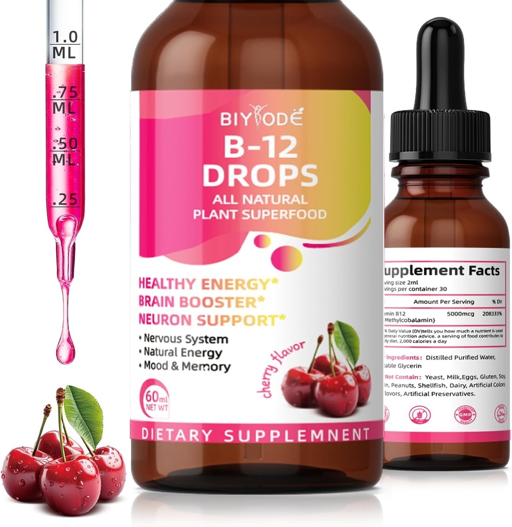 Vitamin B12 5000 mhg flytende dropper alle naturlige planter Superfood sunn energi hjerne Booster nevron støtte nervesystem Naturlig energi Mood Memory 60ml Net Wt Cherry Flavor
