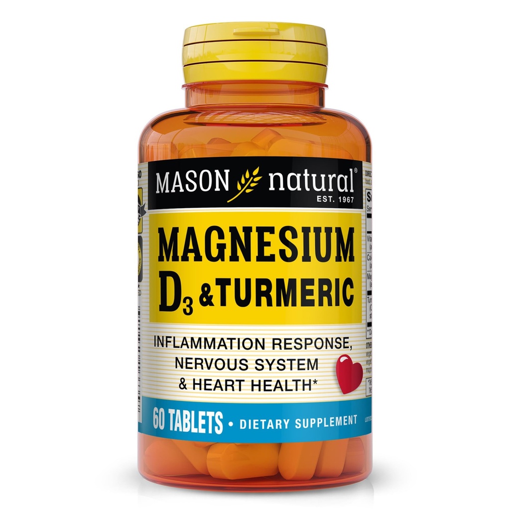 MASON NATURAL Magnesium og vitamin D3 med gurkemeie, 60 dagers forsyning kosttilskudd med 500 mg magnesium, 3000 IU vitamin D3, og 150 mg gurkemeie