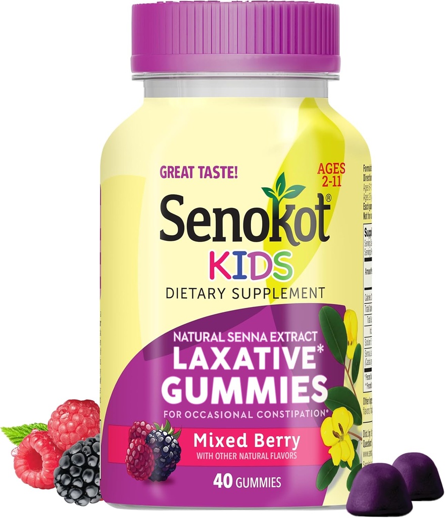 Senokot Kids Blandet Berry Laxative Gummies for alder 2+, Senna Extract for Gentle, Overnatting Relief fra anledninger, 40 ct