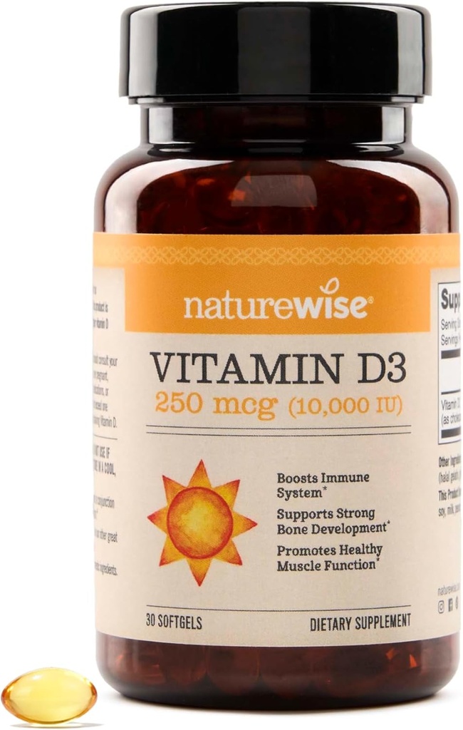 NatureWise-vitamin D3 10 000IU (250mg) 30-dagers forsyning - høy styrke for sunn immunstøtte og muskelfunksjon, ikke-GMO, glutenfri i organisk ekstra jomfru Oliveolje, (Mini Softgel), 30 greve