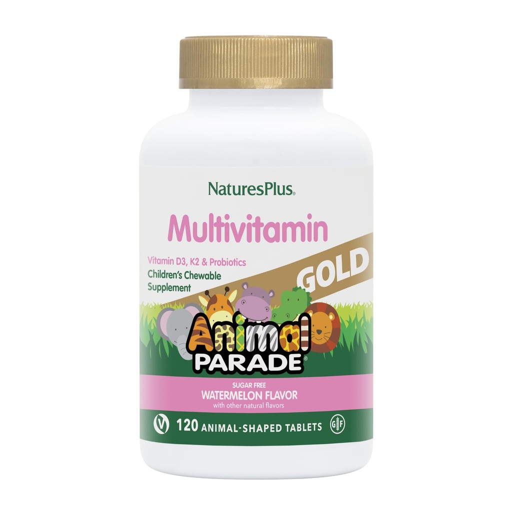 Natures Plus Animal Parade Gull Multivitamin Barn Chewables - Vannmelon Flavor - 120 Animal-Shaped Tabletter - Vitamin D3, K2 & Probiotika - Vegan, Glutenfri - 60 Total Services