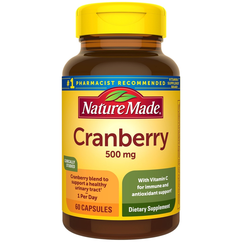 Natur laget Cranberry Supplement 500mg med vitamin C for immun- og antioksidant støtte, Cranberry blanding for urinveistrakt helse, en per dag, 60 kapsler