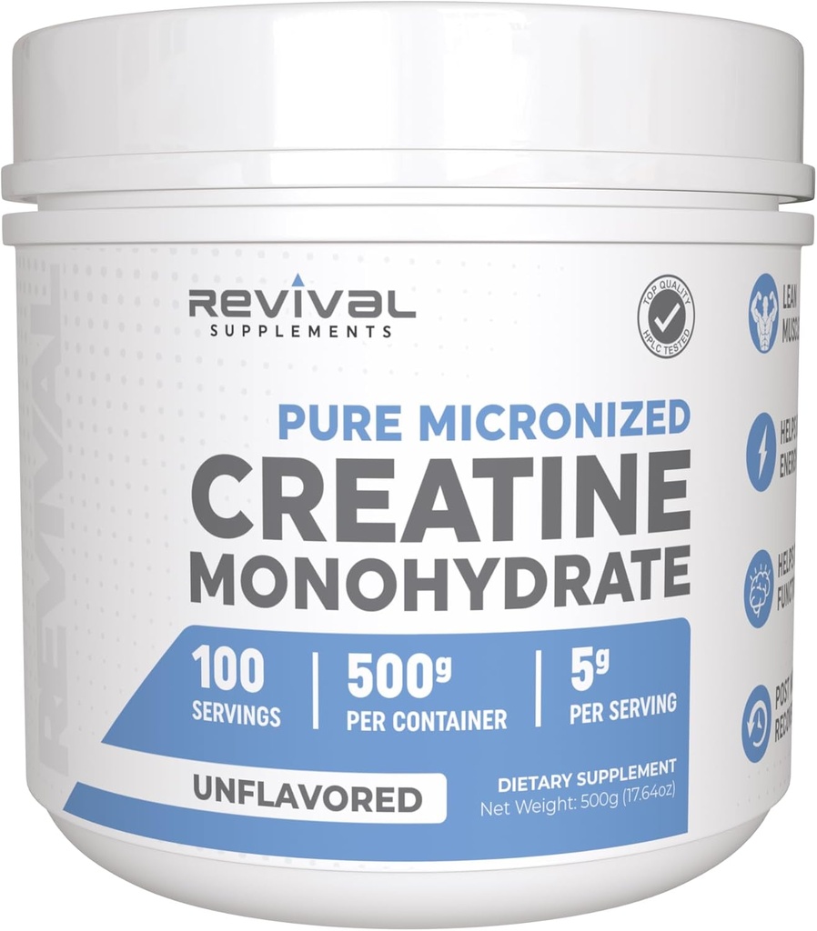 Revival Premium Mikronisert Kreatin Monohydrat - HPLC Testet 100% ren klasse - 500g (100 serveringer) - Støtter Lean muskelvekst - Maksimal absorpsjon - Unflavored - laget i USA & 3rd Party Lab Testet