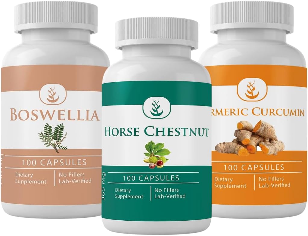 PURE ORIGINAL INGREDIENTs Hestekastnut, Boswellia og Turmeric Capsule Bundle, 100 kapsler hver, alltid ren, ingen tilleggsmidler eller fillers