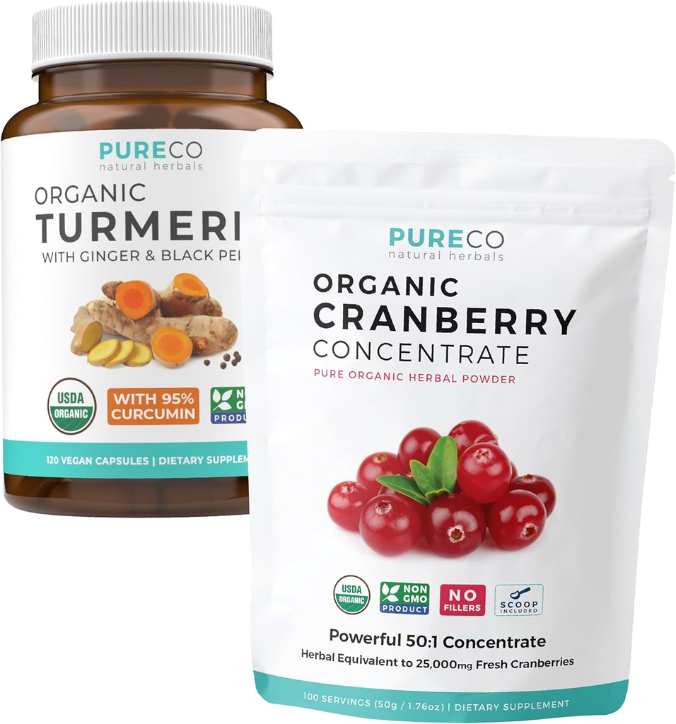 Turmerisk og tranebær pulver (3-måneders forsyning) Berry gurkemeie blanding bunke av organisk gurkemeie curcumin med svart pepper og ginger (120 Caps) & organisk tranebær konsentrat pulverekstrakt (100 Scoop)