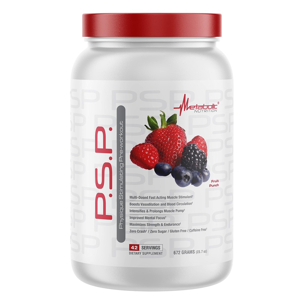 Metabolsk ernæring P.S.P. Fysik stimulerer preworkout 672g Zero Sukker Koffein gratis (Fruit Punch)